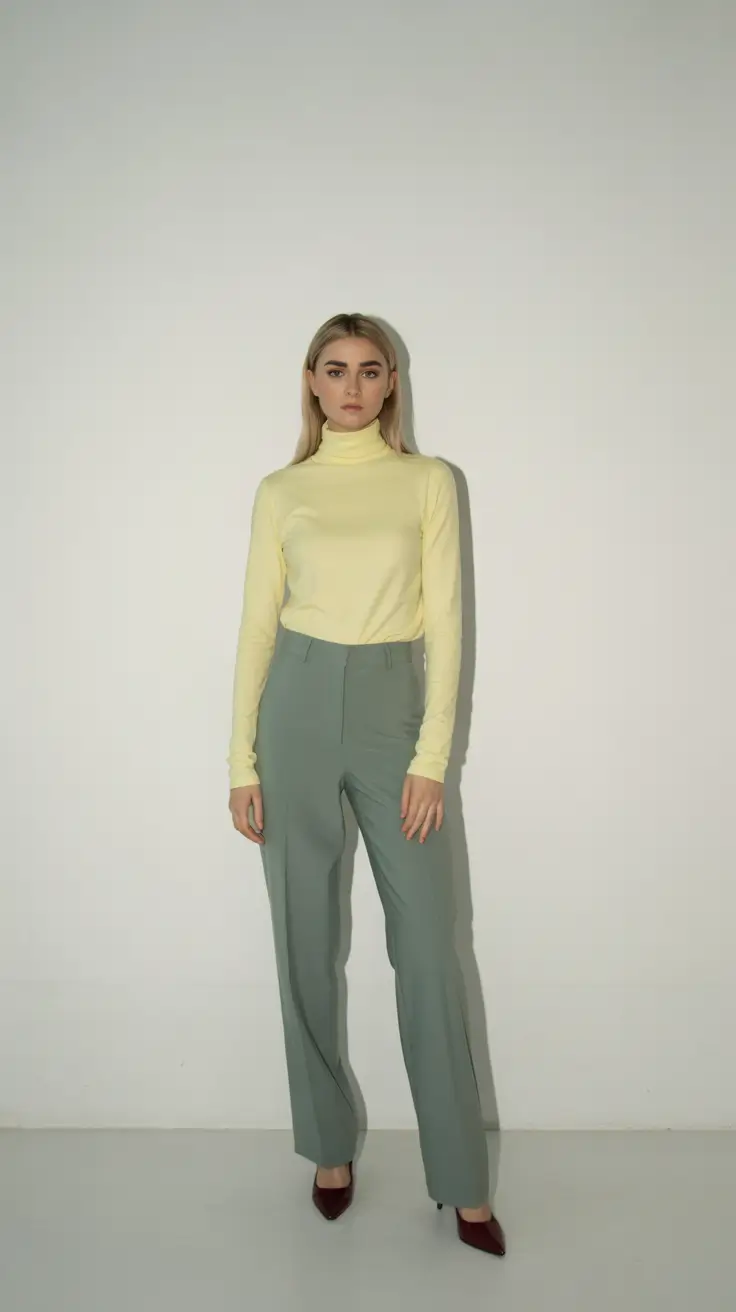 soft spring wardrobe hues 2026 Lemon Turtleneck and Sage Trousers for a Clean Minimal Spring Statement