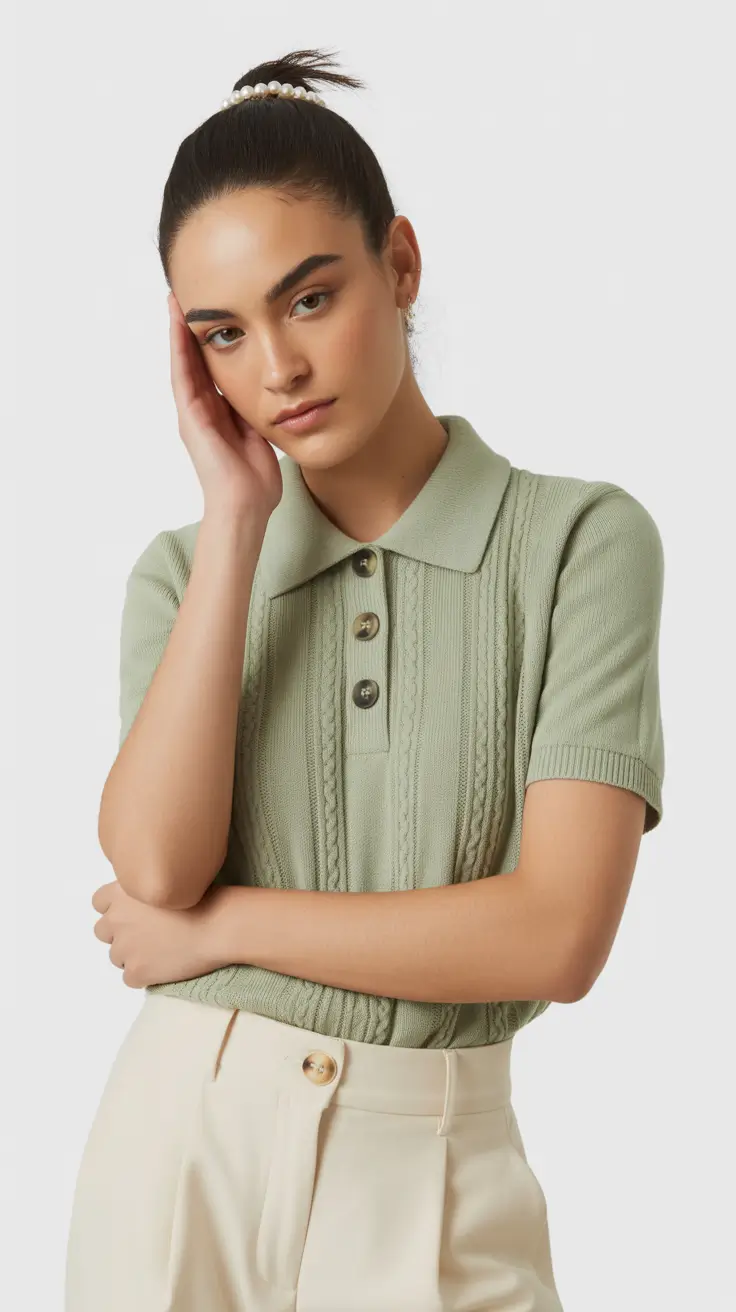 soft spring wardrobe hues 2026 Sage Knit Texture and Cream Trousers for Soft Modern Calm