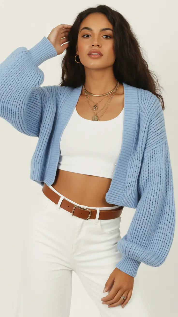 soft spring wardrobe hues 2026 Sky-Blue Knit and Crisp Whites for Bright Spring Balance