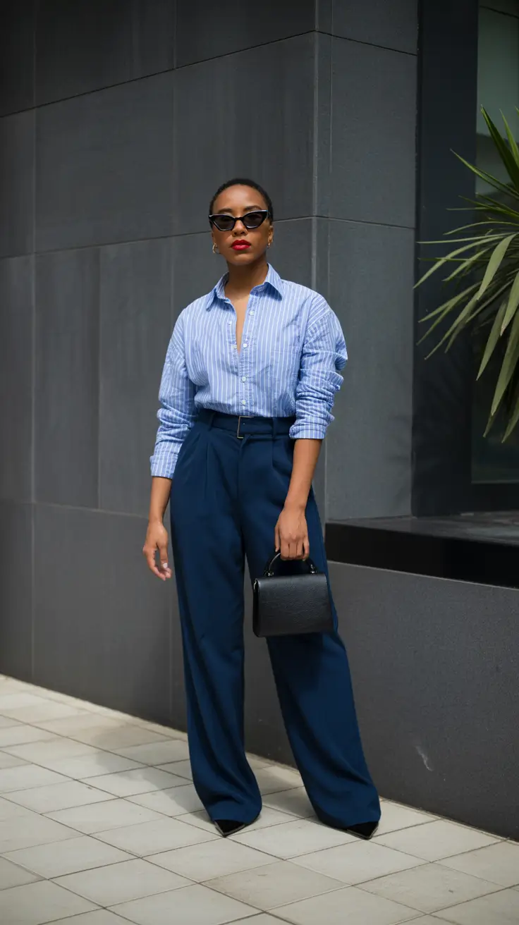 spring outfits black women 2026 Power Lines and Polished Blues