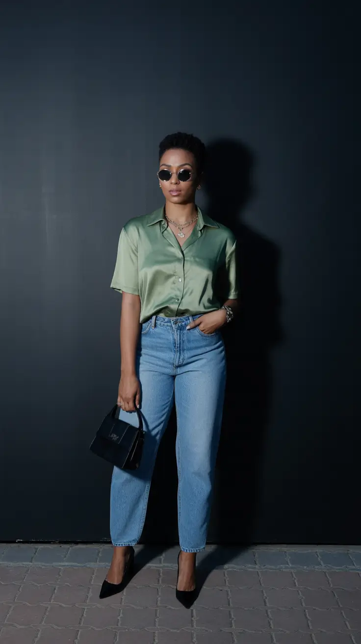 spring outfits black women 2026 Satin Ease with Classic Denim