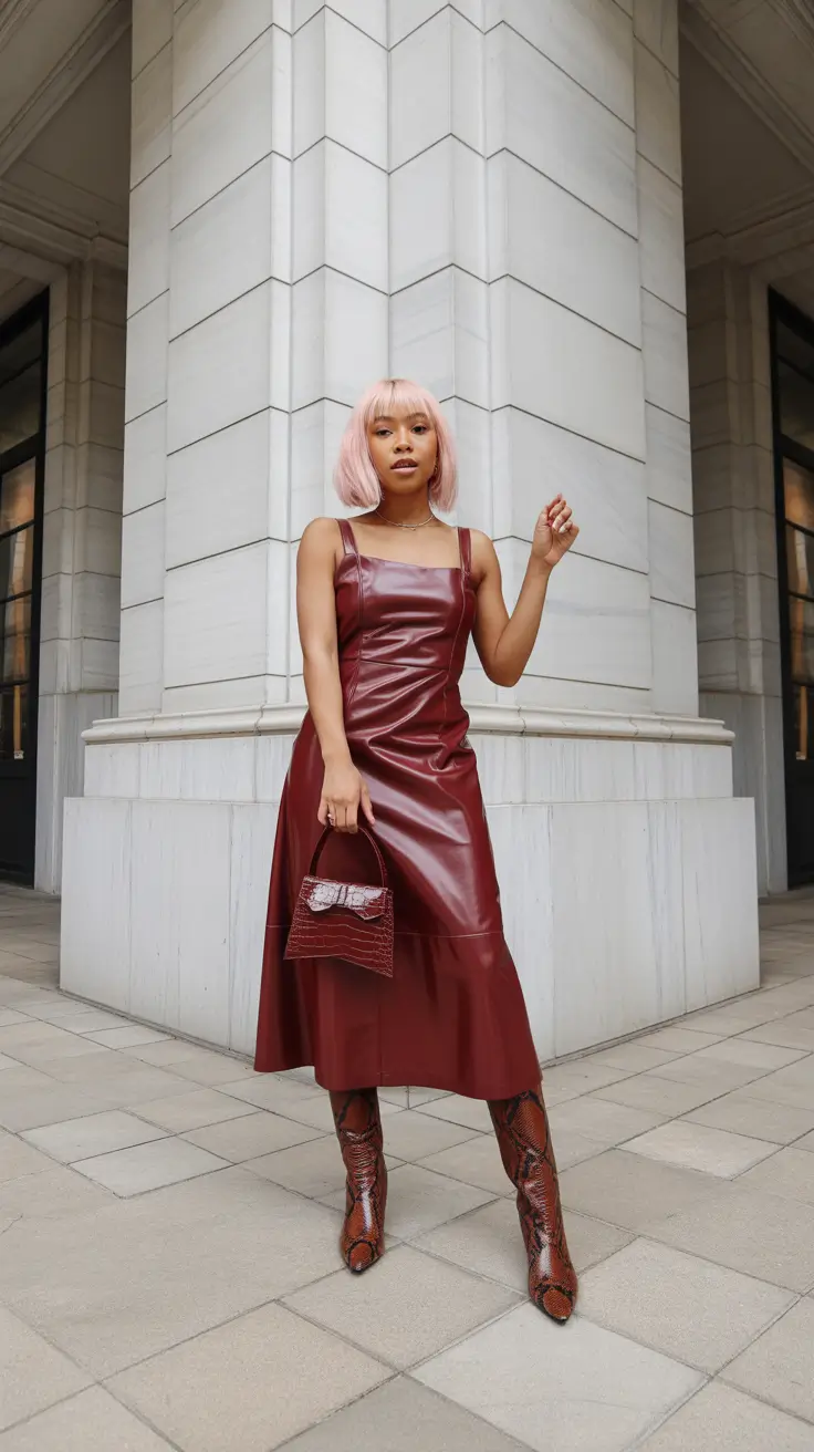 spring outfits black women 2026 Leather Romance in Deep Cherry Tones