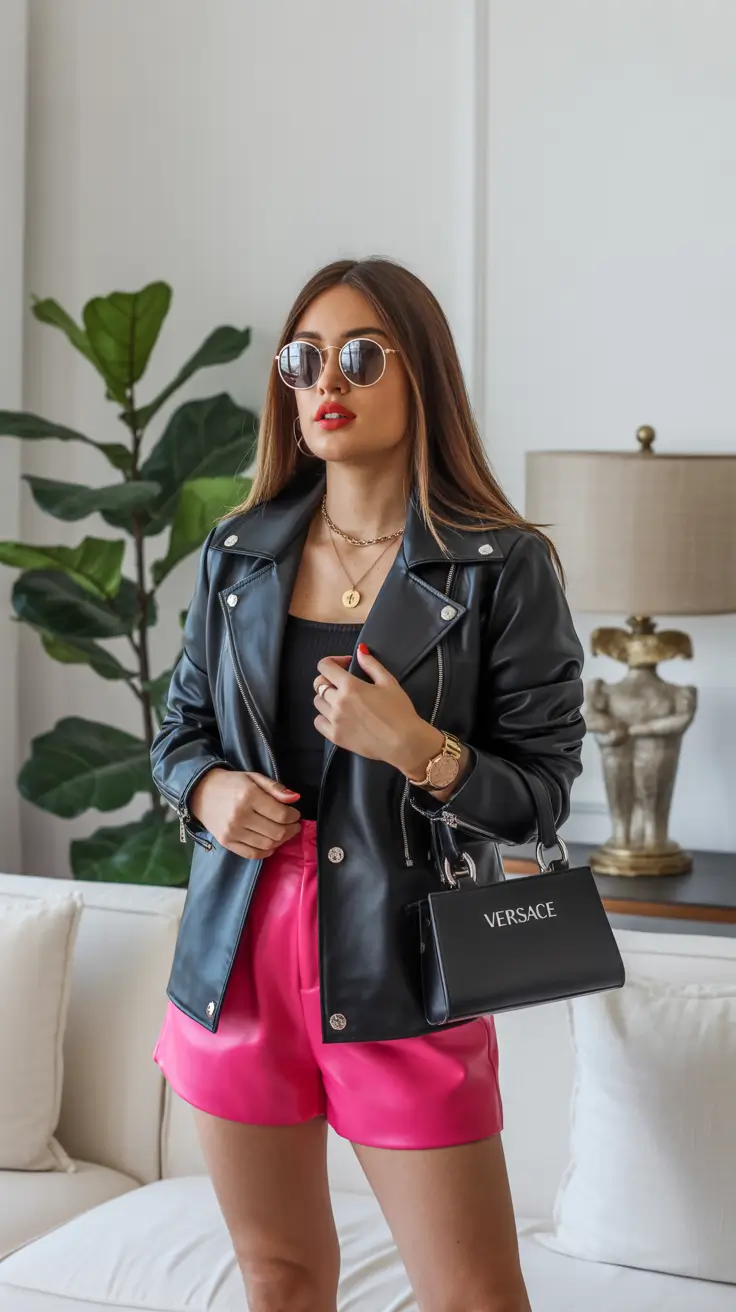 april outfits 2026 Leather Jacket and Satin Shorts for Bold Spring Nights