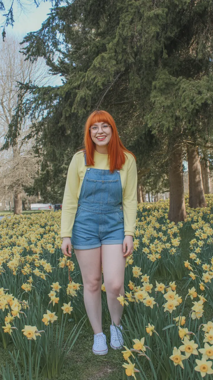 april outfits 2026 Playful Denim Overalls and Bright Knit for Cheerful Spring Walks