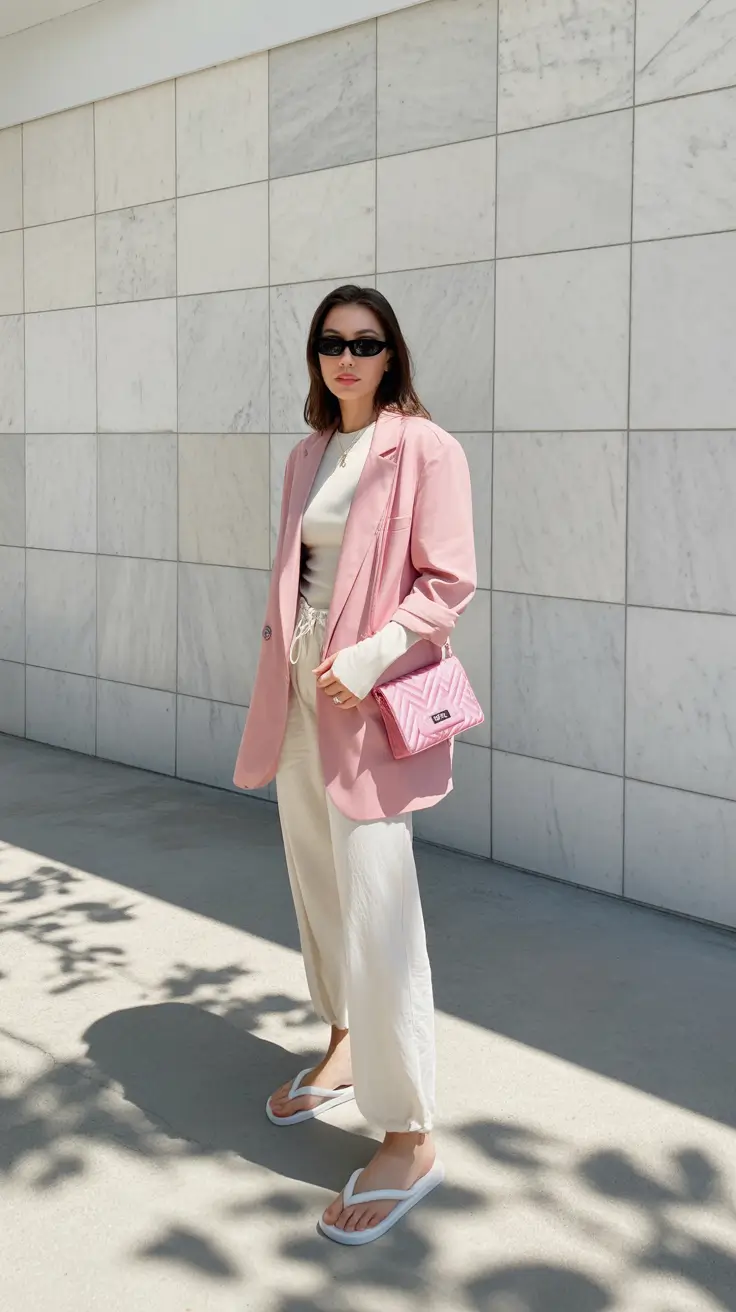 april outfits 2026 Soft Pink Blazer and Relaxed Lounge Trousers