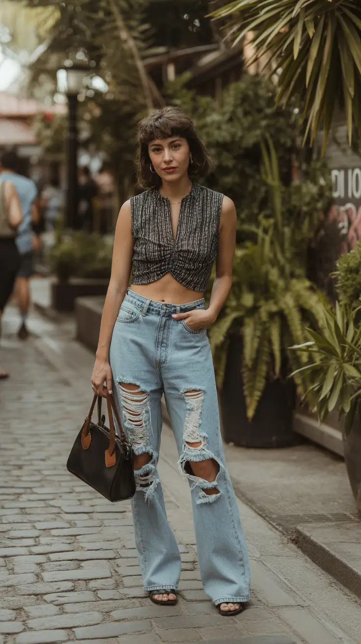 april outfits 2026 Relaxed Distressed Denim and Crop Top for Urban April Style