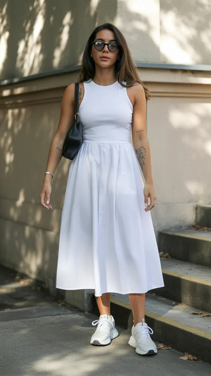 april outfits 2026 Minimal White Midi Dress for Casual Spring Walks