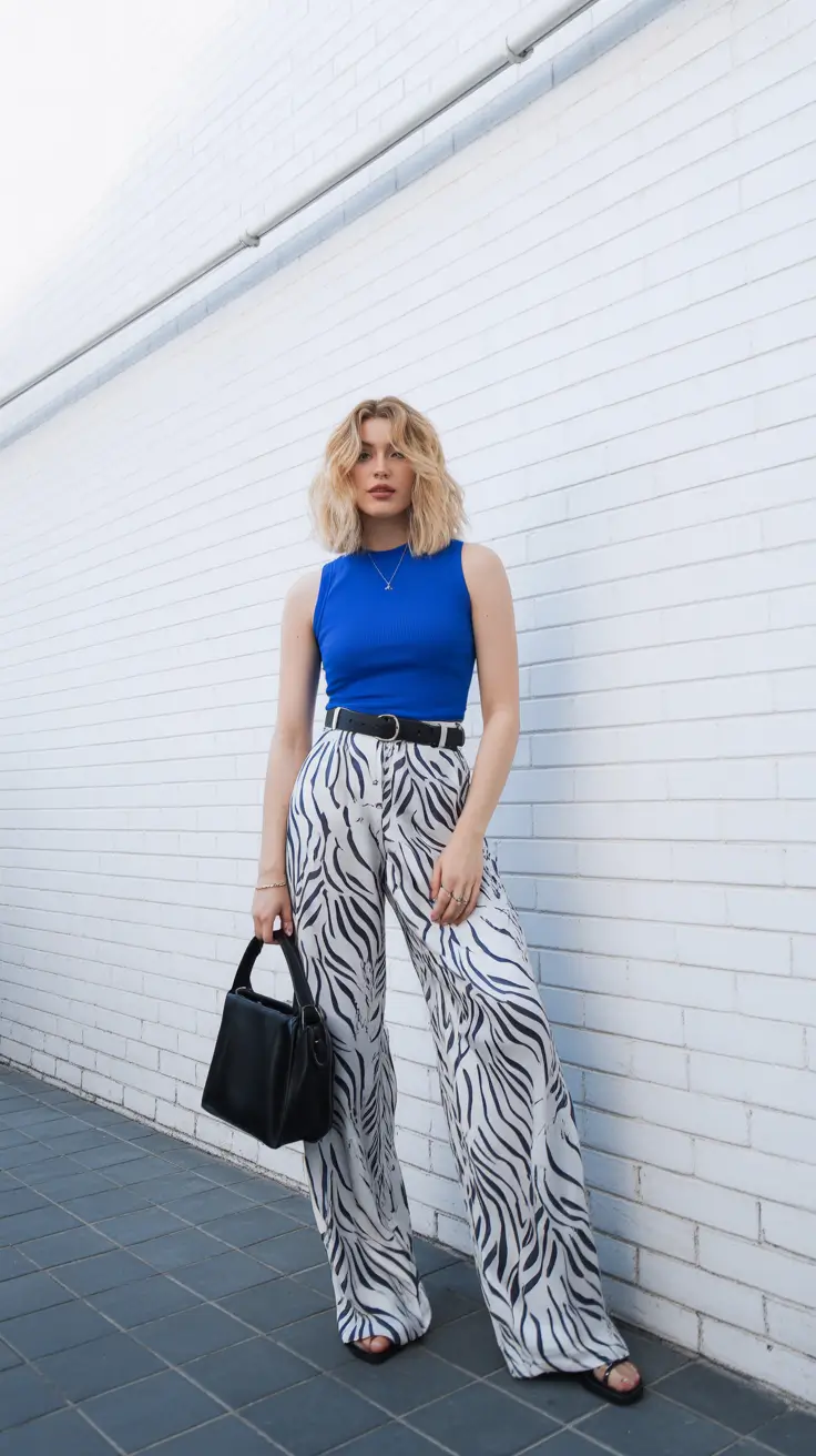 april outfits 2026 Blue Top and Zebra Print Trousers for Bold Street Style