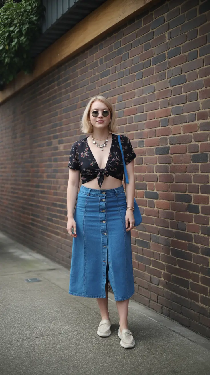 april outfits 2026 Button Front Denim Skirt and Floral Tie Top