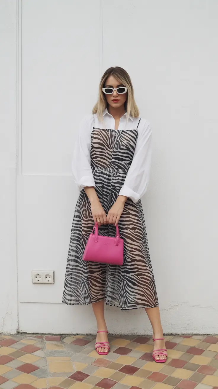 april outfits 2026 Zebra Print Midi Dress with Modern Layering