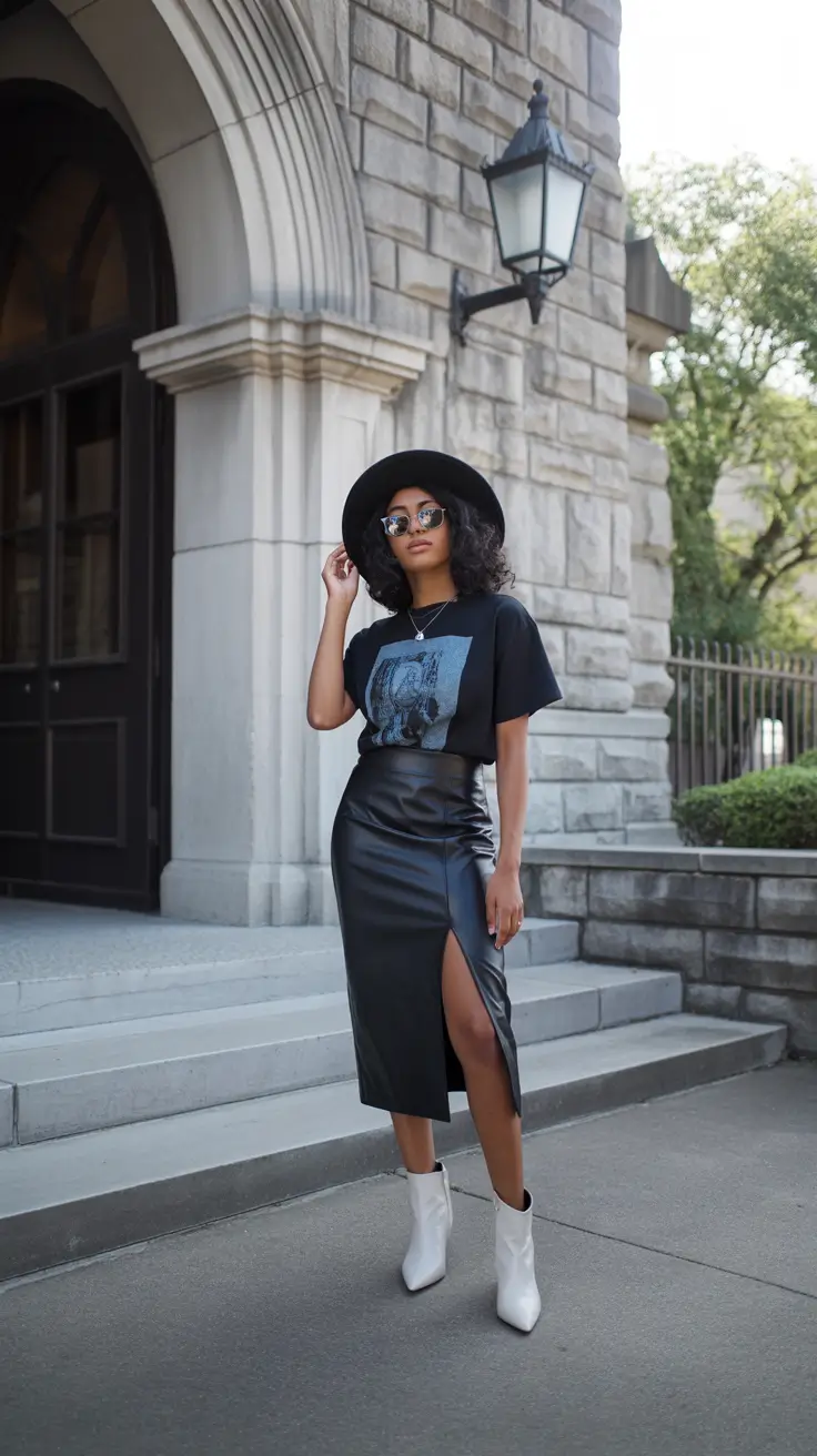 april outfits 2026 Graphic Tee and Leather Midi Skirt for Modern City Evening Style