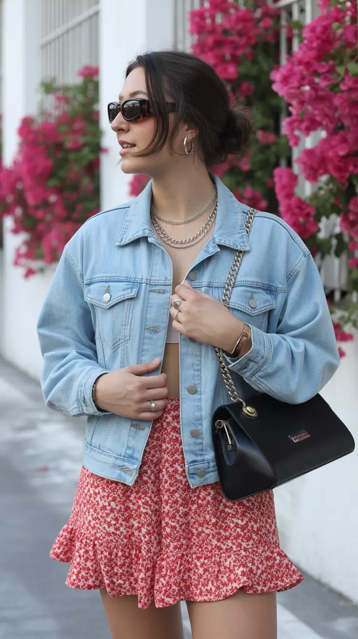 april outfits 2026 Denim Jacket and Floral Mini Skirt for Playful Spring Walks