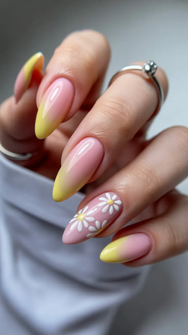 best summer nail art ideas 2026 Yellow Blush Daisy Nails for Soft Feminine Moments