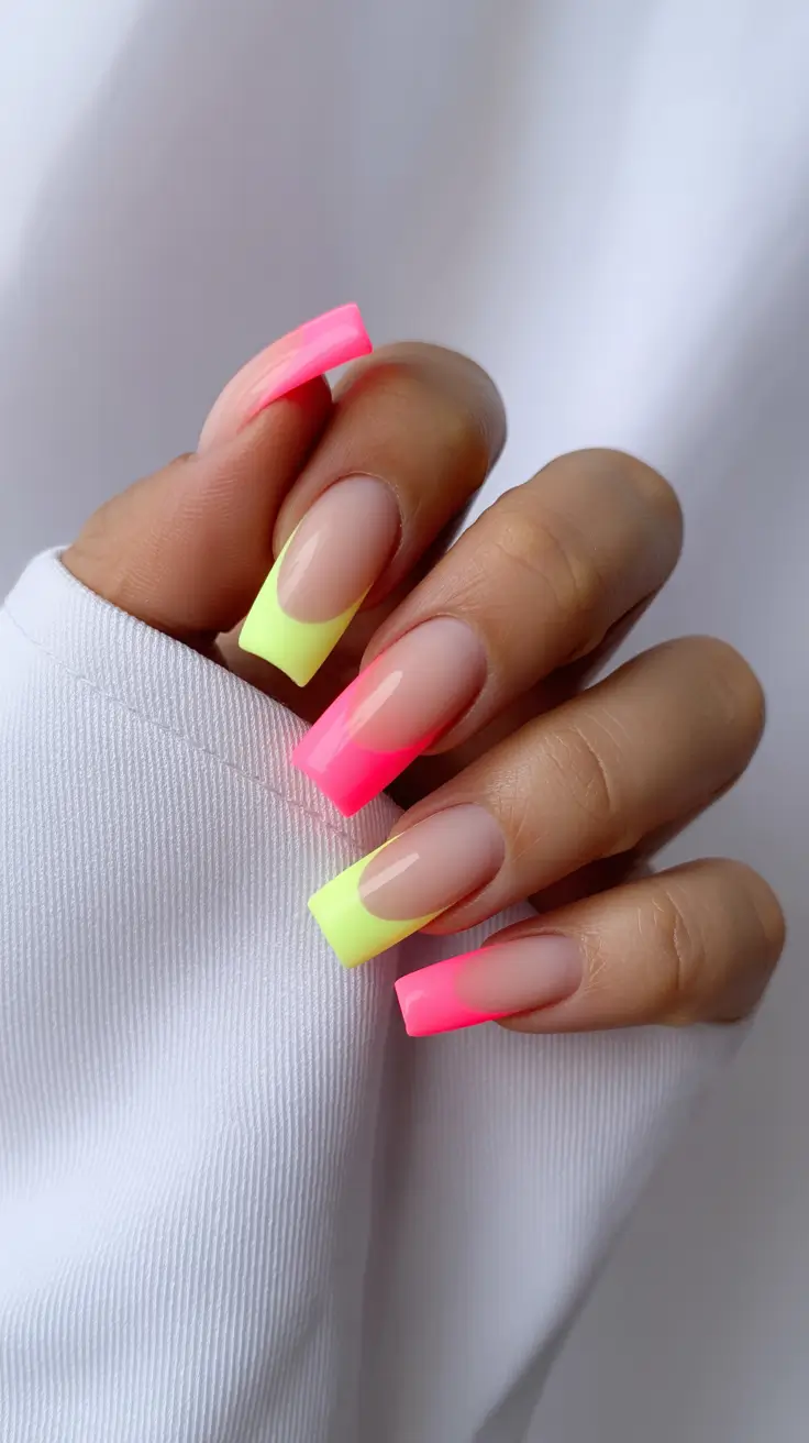 best summer nail art ideas 2026 Neon Square French Tips for Bold Minimal Statements