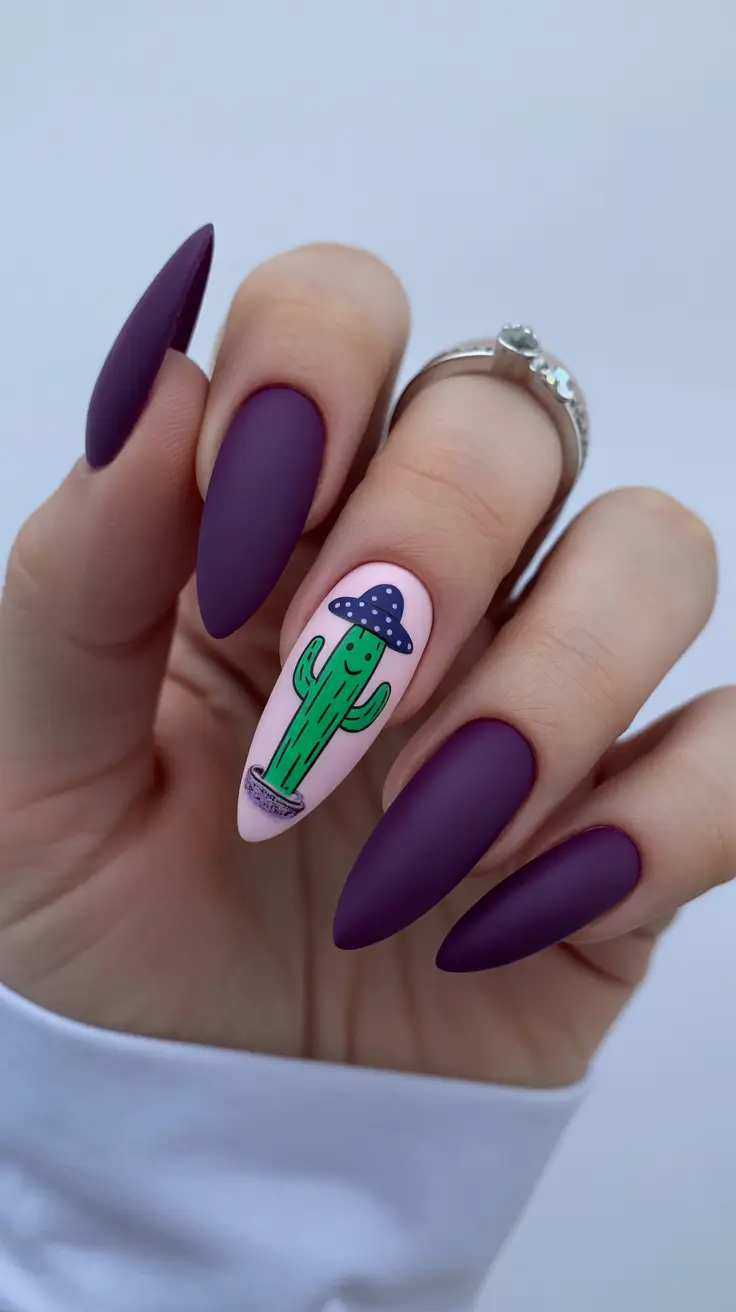 best summer nail art ideas 2026 Playful Purple Cactus Nails for Unexpected Summer Fun