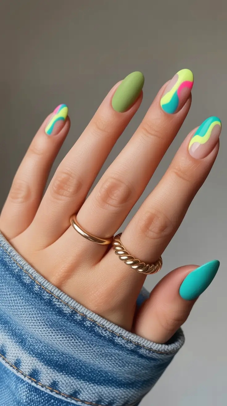 best summer nail art ideas 2026 Color Wave Almond Nails for Effortless Denim Styling