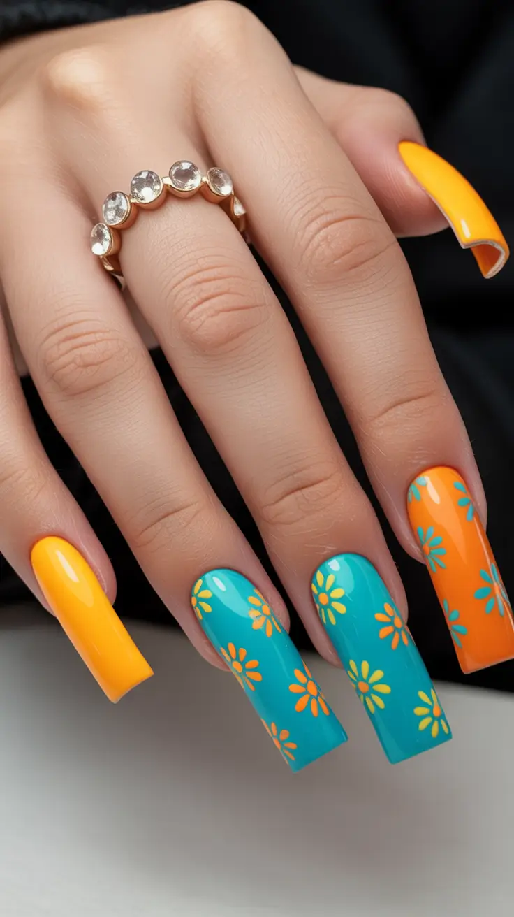 best summer nail art ideas 2026 Retro Floral Acrylic Coffin Nails for Statement Glam