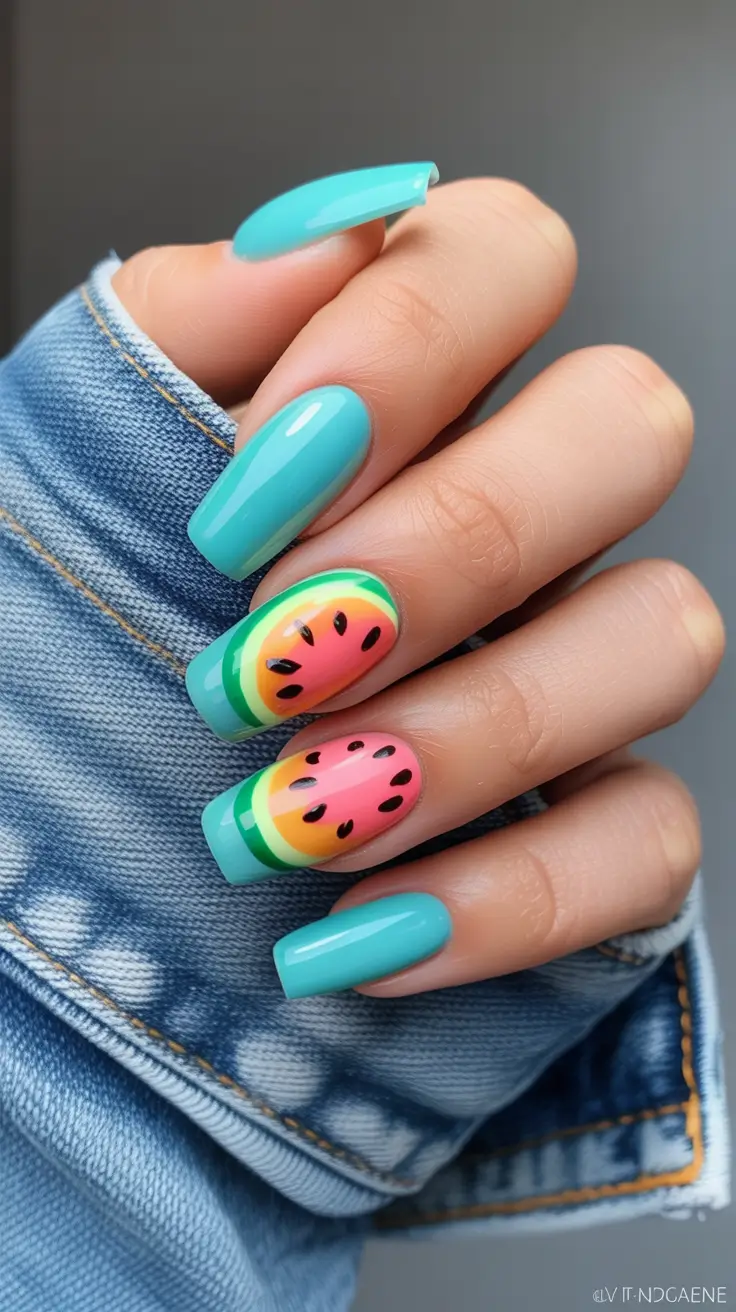 best summer nail art ideas 2026 Turquoise Watermelon Nails for Playful Summer Spirit
