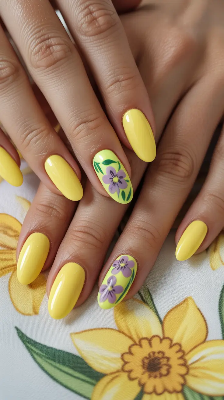 best summer nail art ideas 2026 Sunny Yellow Floral Nails for Warm Summer Confidence