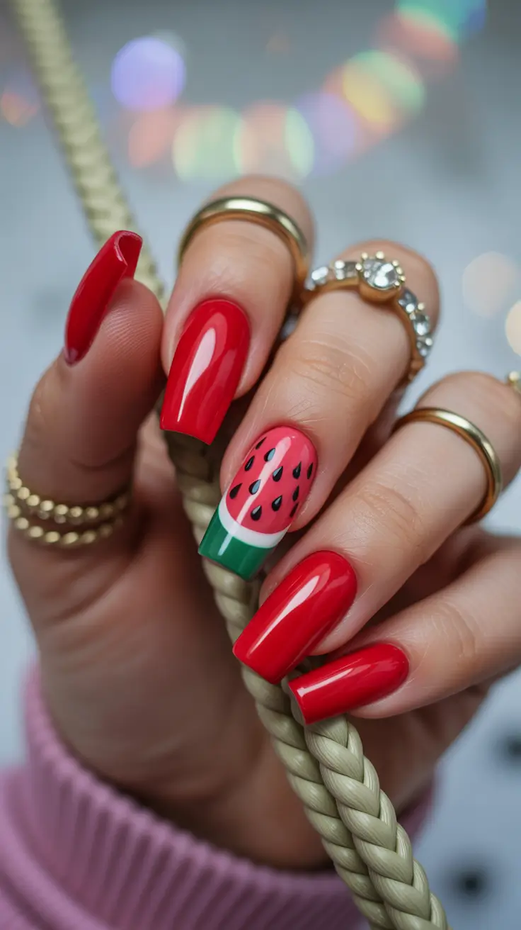 best summer nail art ideas 2026 Glossy Red Watermelon Nails for Bold Playful Glam