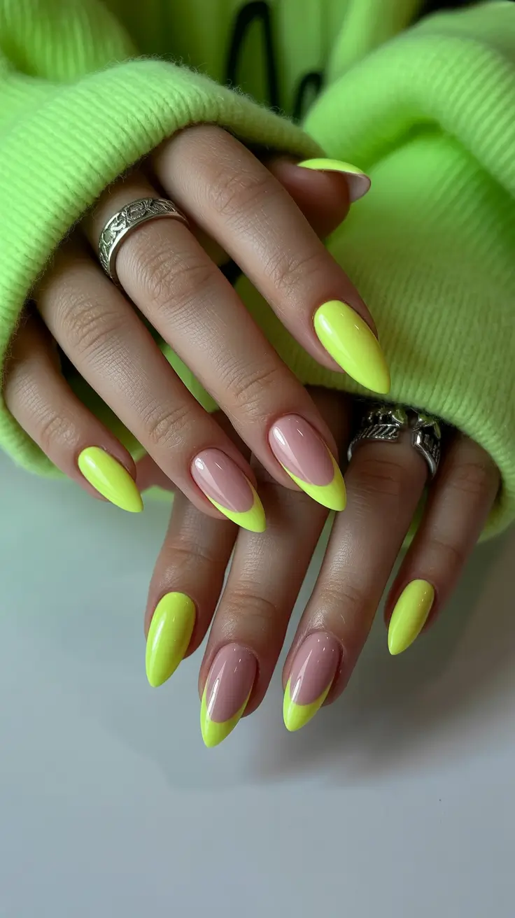 best summer nail art ideas 2026 Neon Lime French Tips for Sporty Modern Edge