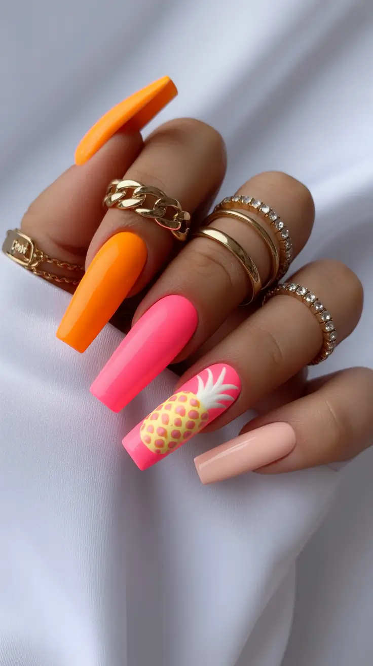 best summer nail art ideas 2026 Acrylic Coffin Sunset Nails for Statement Evenings