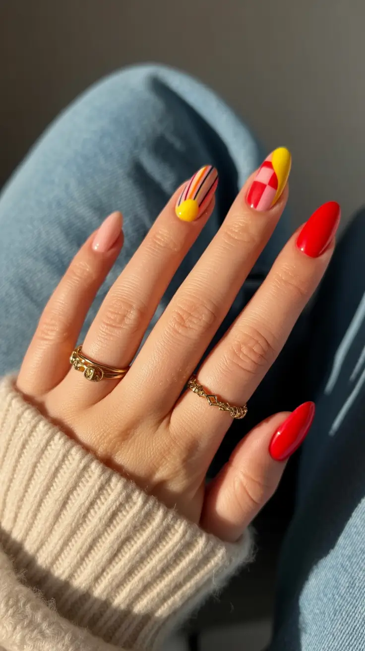 best summer nail art ideas 2026 Retro Color Mix Nails for Casual Cool Styling