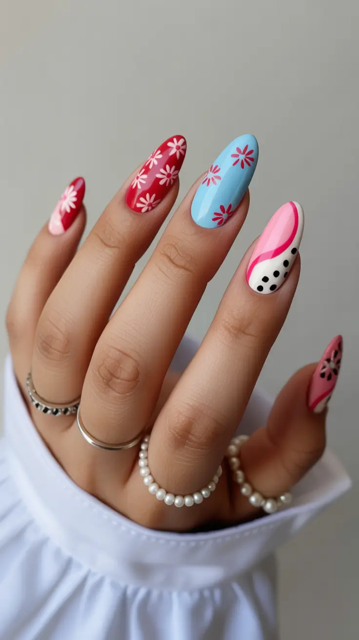 best summer nail art ideas 2026 Playful Floral Graphic Nails with Modern French Mood