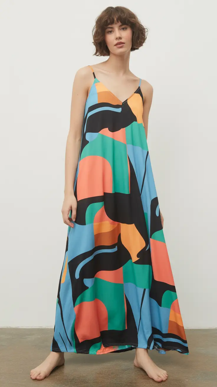 chic summer fashion outfits 2026 Abstract Maxi Dress That Moves Like Art