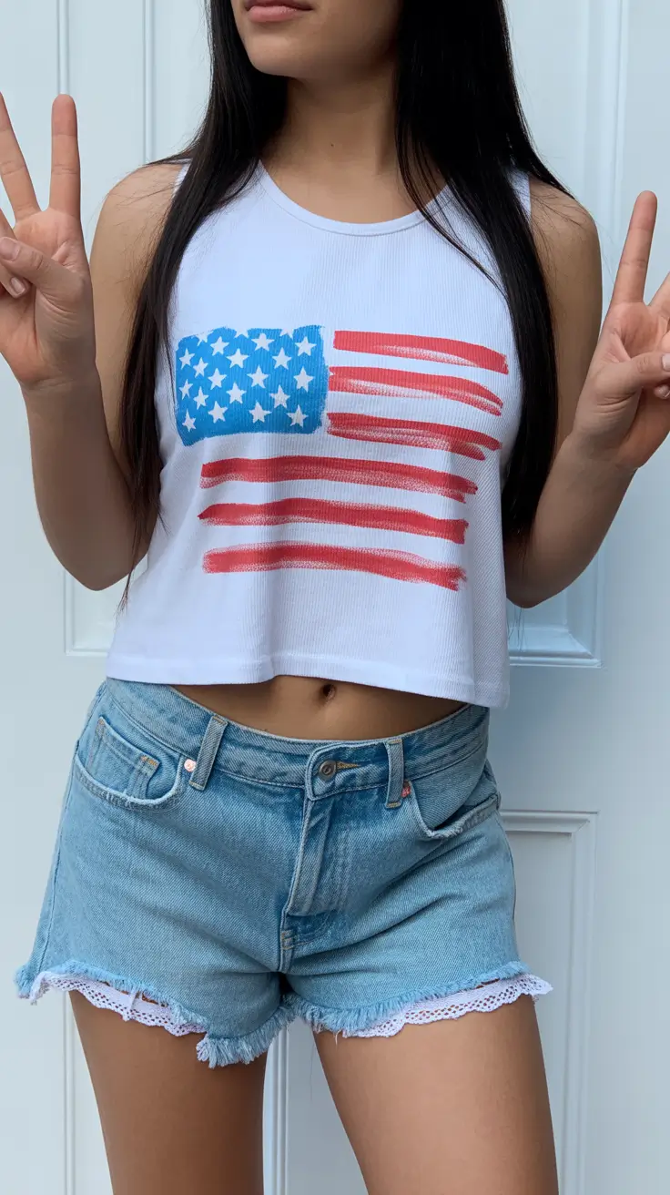 cute summer outfits for teens 2026 Playful Patriotic Crop Top and Lace Trim Shorts