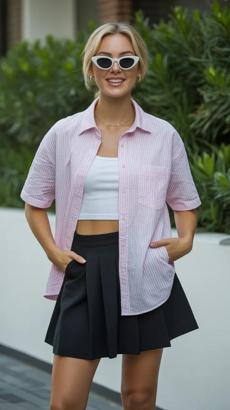 cute summer outfits for teens 2026 Preppy Tenniscore Layers with Pleated Mini