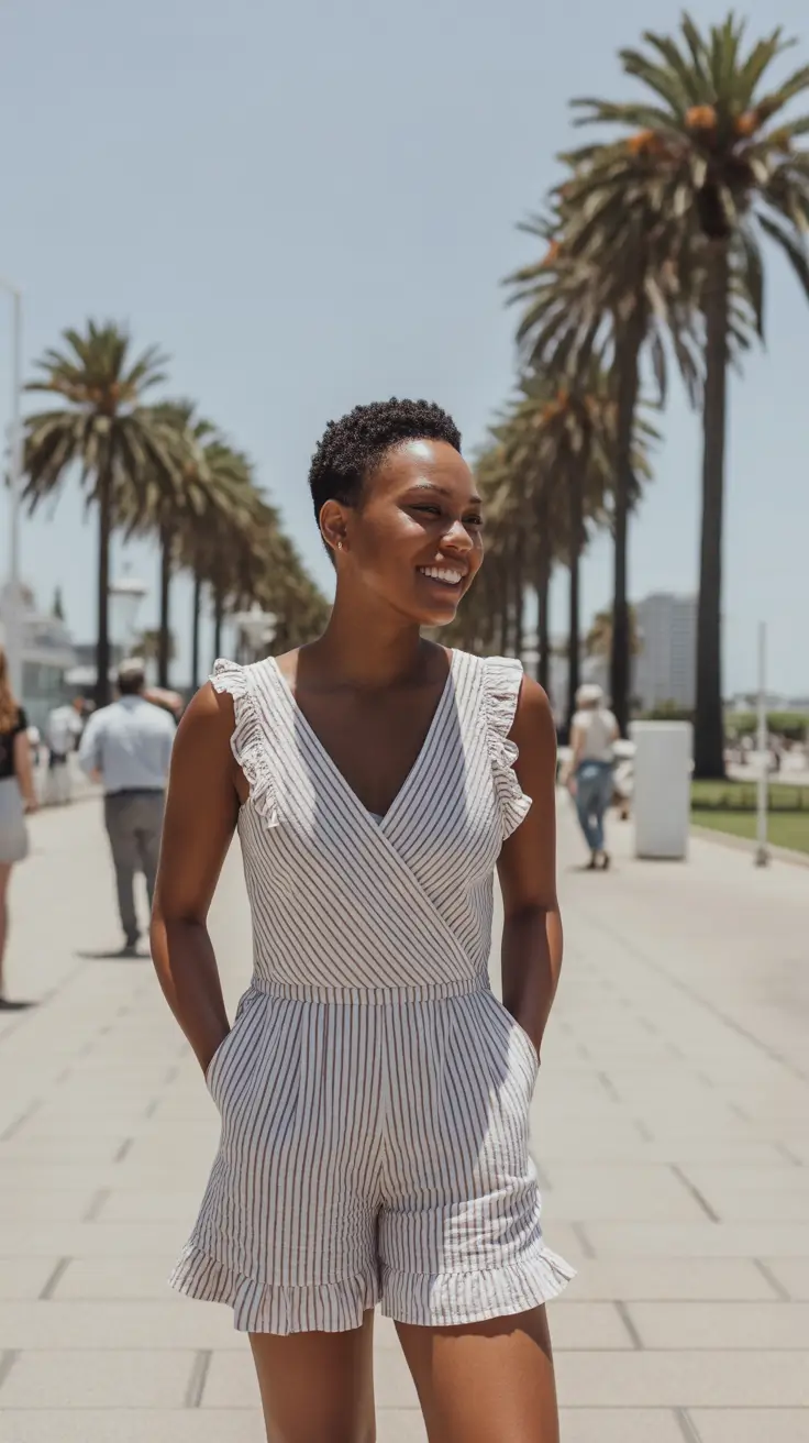 May outfits ideas 2026 Striped Wrap Romper Sunny Travel Energy