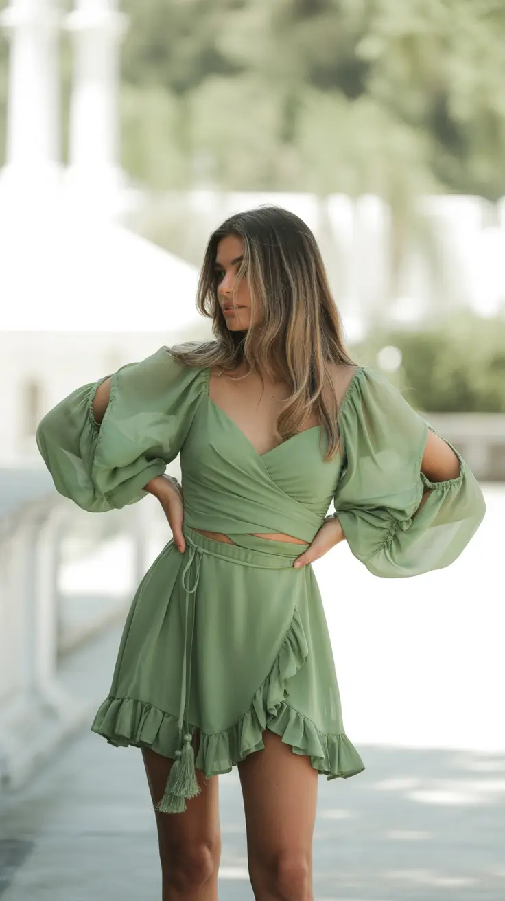May outfits ideas 2026 Flowing Sage Mini Dress Romantic Breeze