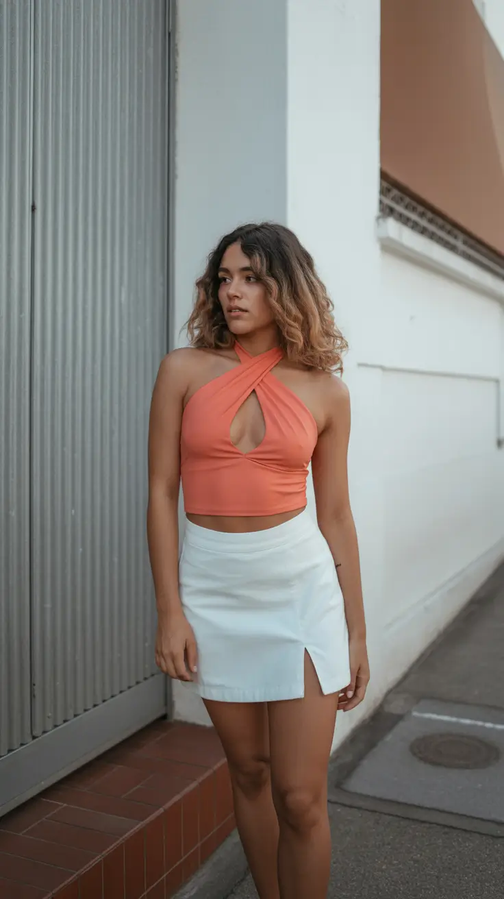 May outfits ideas 2026 Coral Halter Top and Mini Skirt Playful Street Style