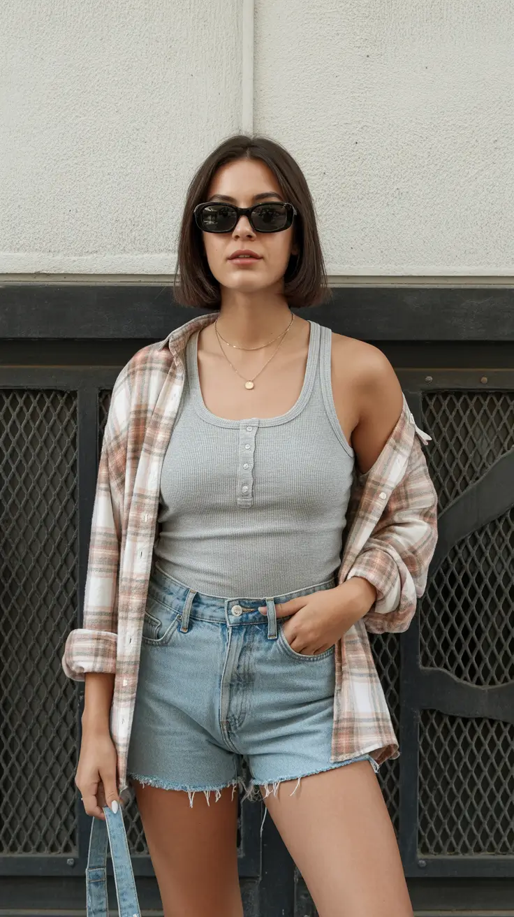 May outfits ideas 2026 Layered Tank Top Denim Shorts Relaxed City Weekend