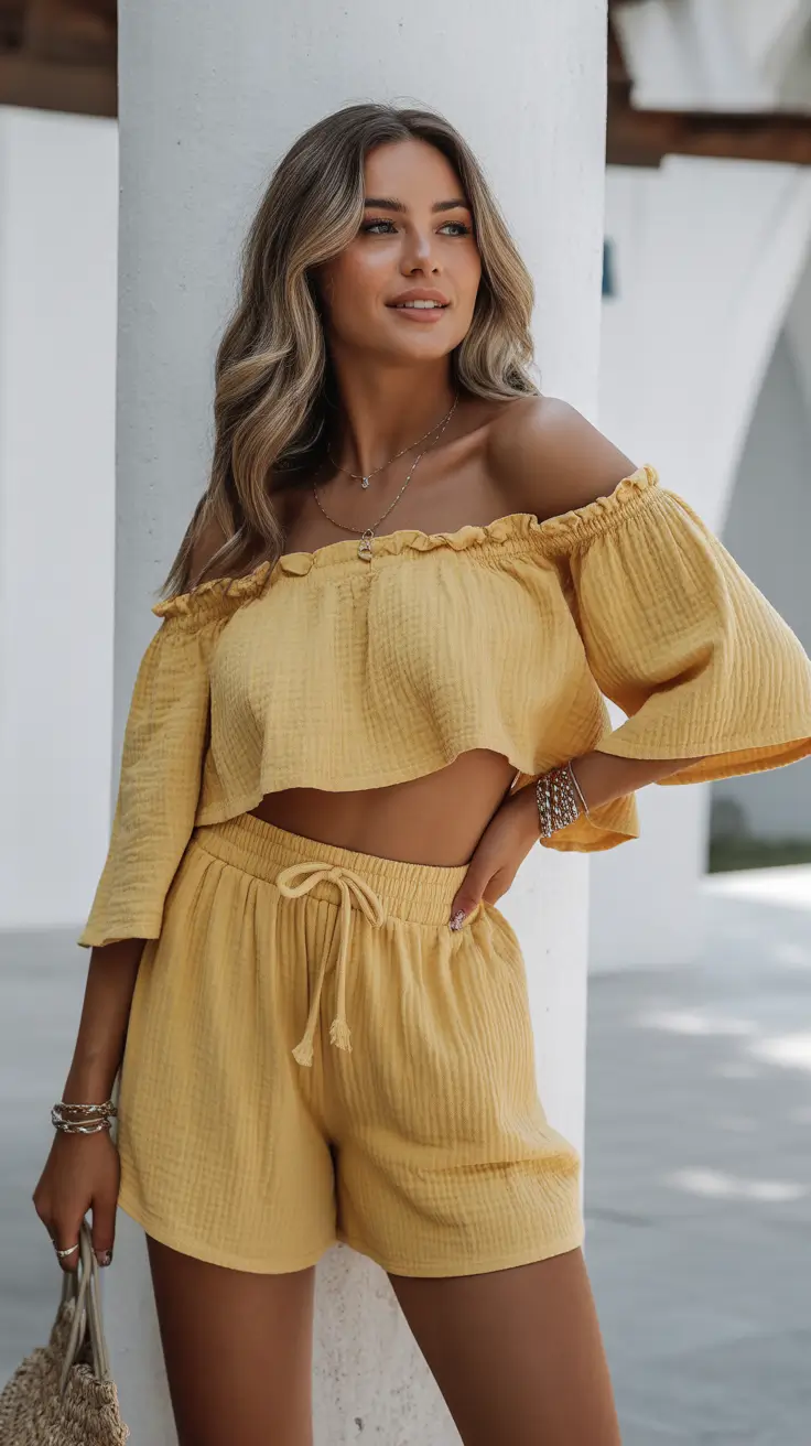 May outfits ideas 2026 Golden Off Shoulder Set Radiant Vacation Energy