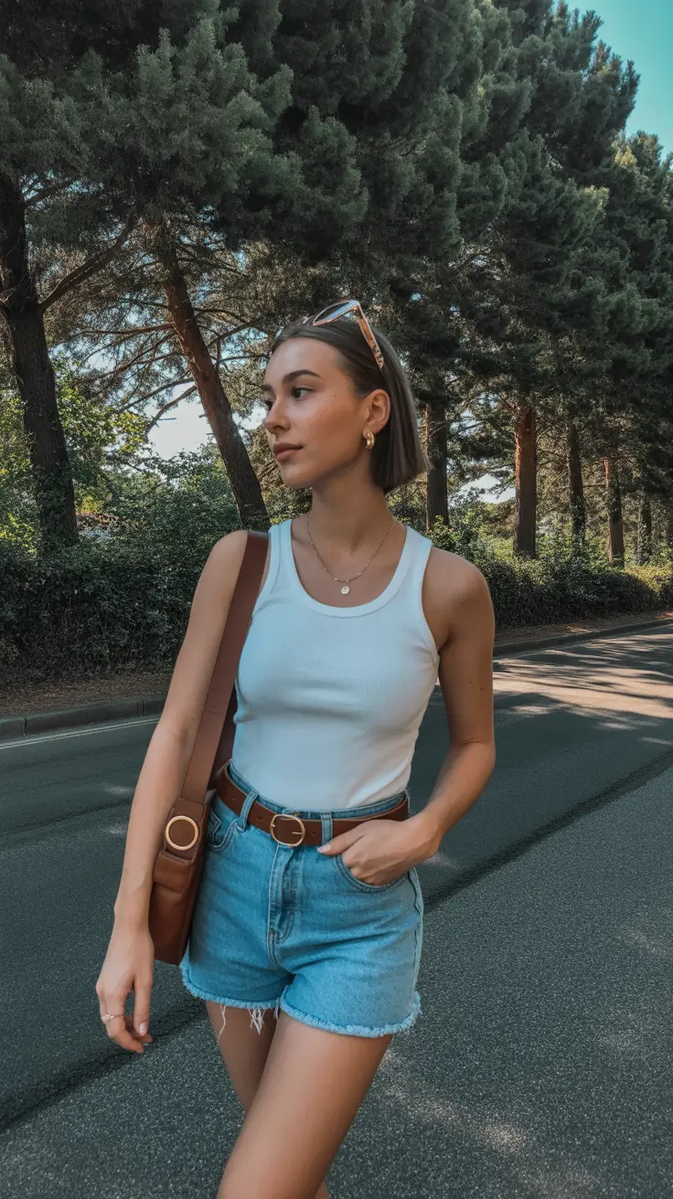 May outfits ideas 2026 White Tank Top and Denim Shorts Timeless Casual Walk