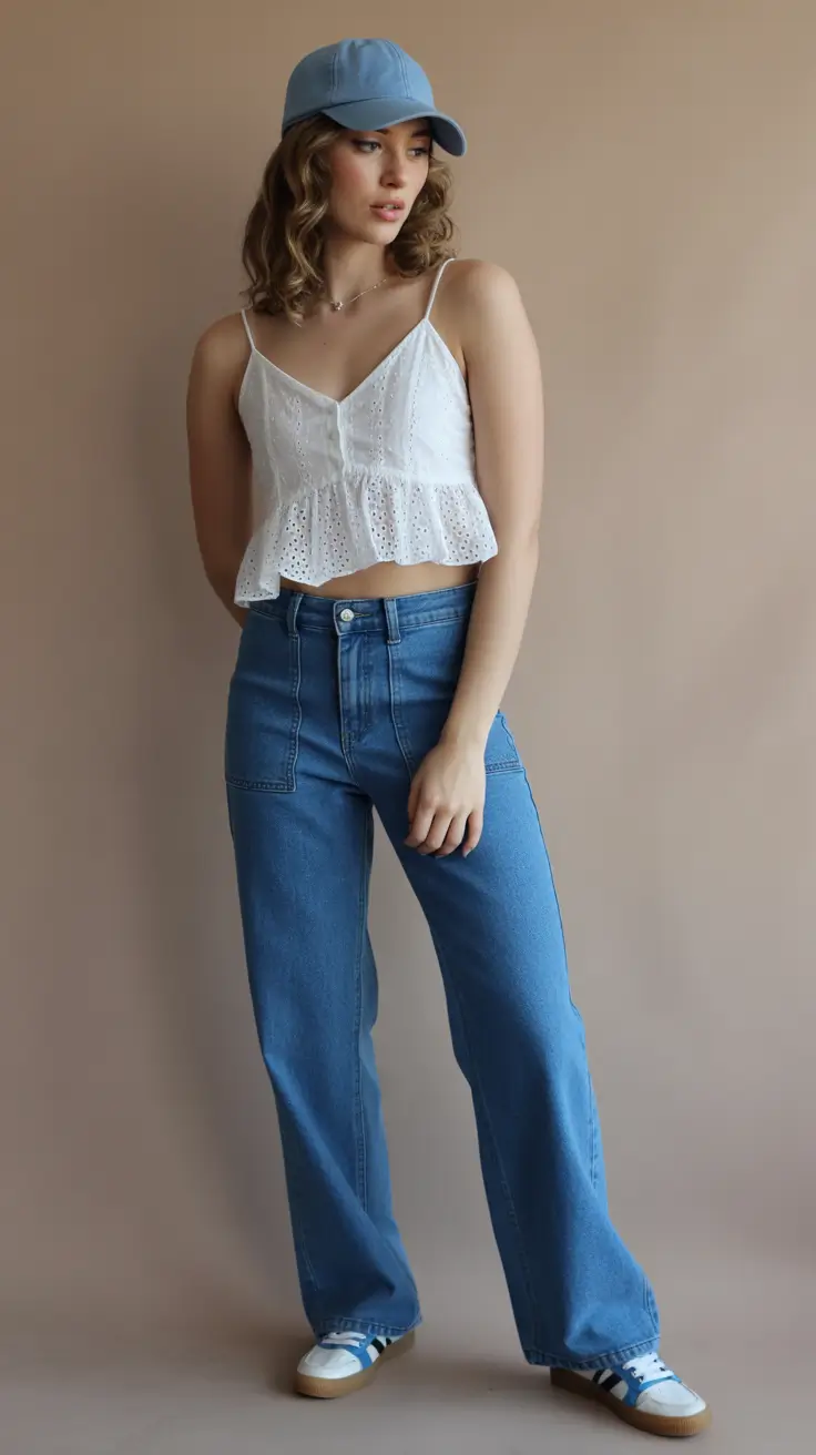 May outfits ideas 2026 Fresh White Camisole and Wide Leg Denim Street Ease