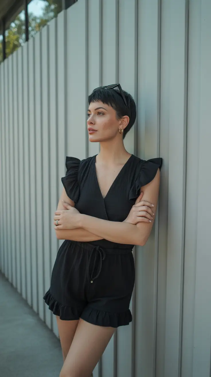 May outfits ideas 2026 Black Ruffle Romper Modern Night Minimal