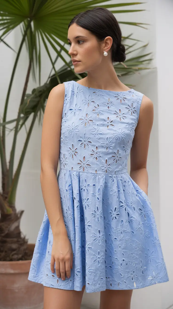 summer A-line sleeveless dresses Soft Blue Embroidery and Feminine Ease