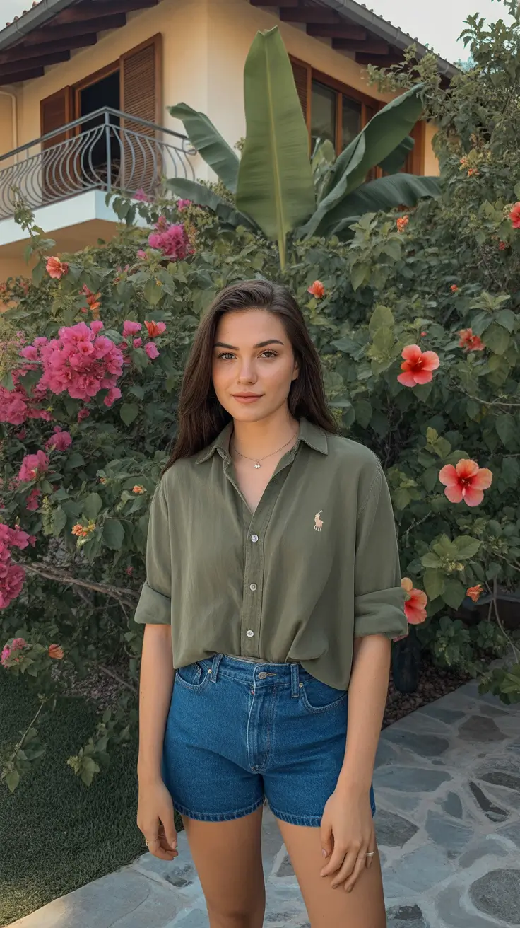summer capsule wardrobe for women 2026 Olive Shirt & Denim Shorts - Timeless Simplicity That Always Wins
