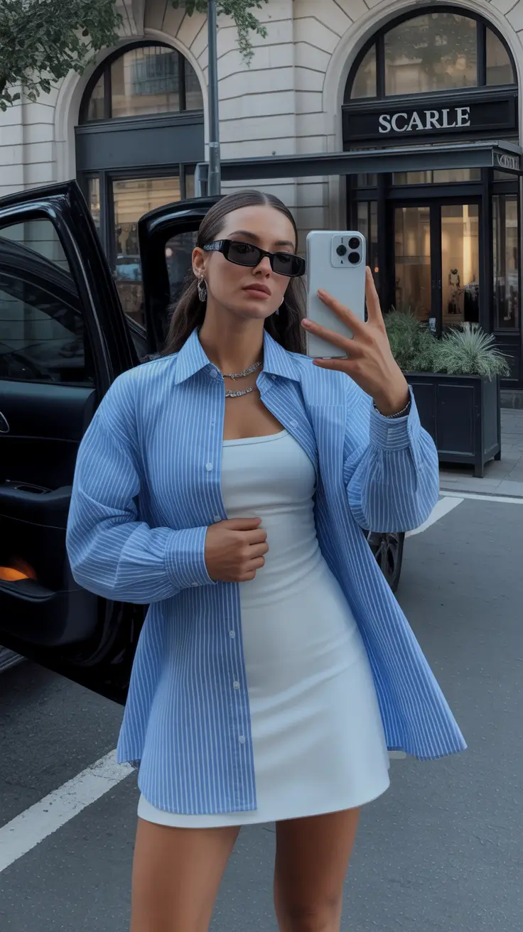 summer capsule wardrobe for women 2026 Blue Shirt & White Mini - City Polish with Minimal Effort