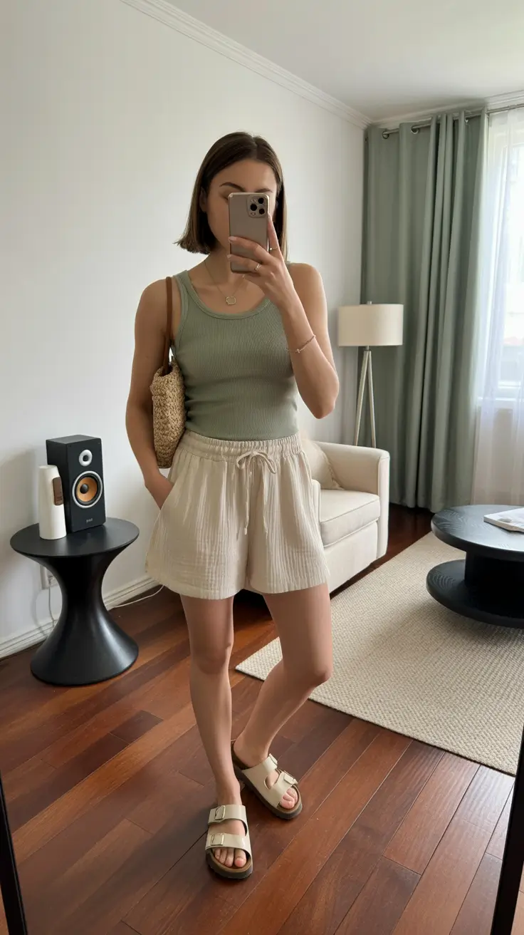 summer capsule wardrobe for women 2026 Muted Green Tank & Linen Shorts - The Everyday Uniform You’ll Repeat