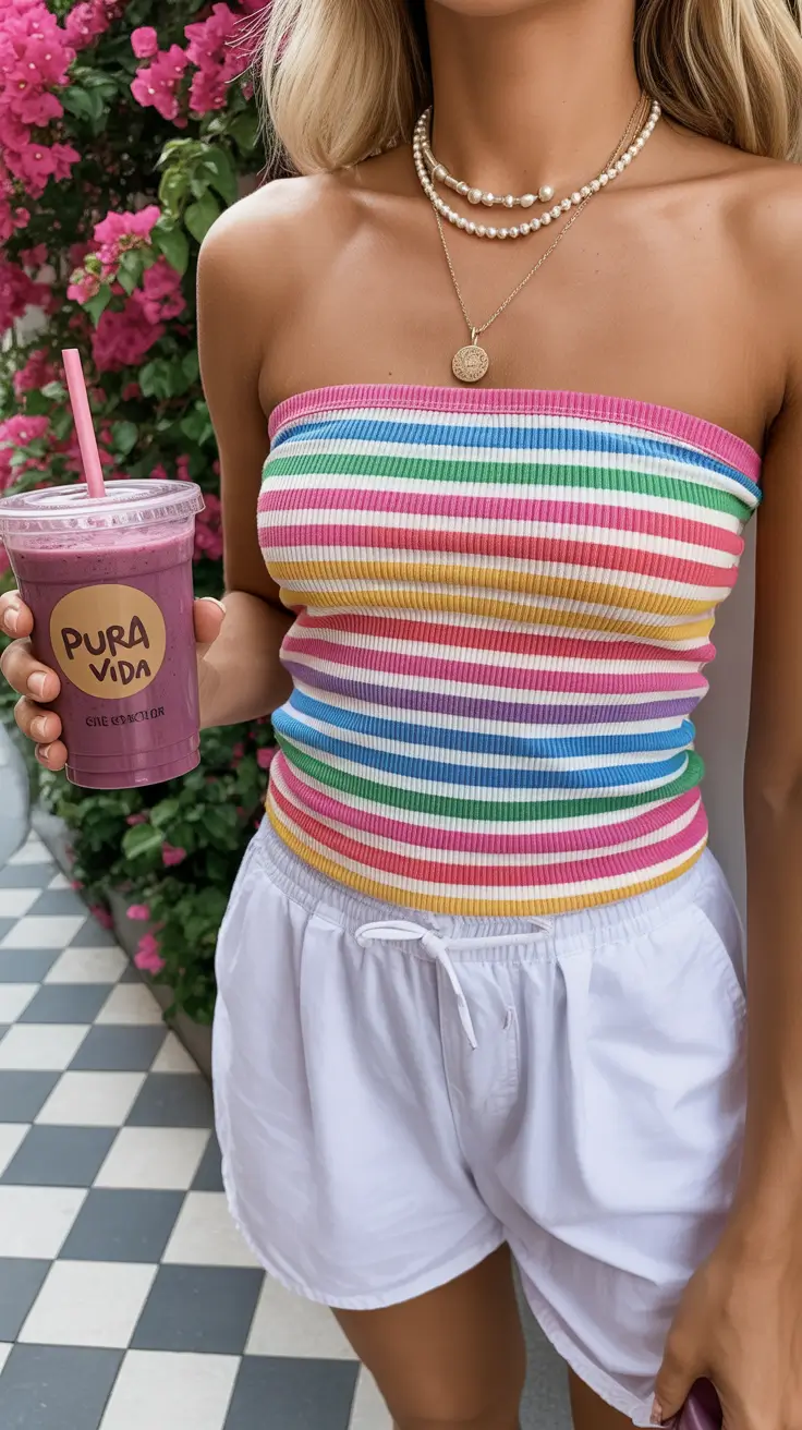 summer capsule wardrobe for women 2026 Striped Tube Top & White Shorts - Playful Confidence in Small Pieces
