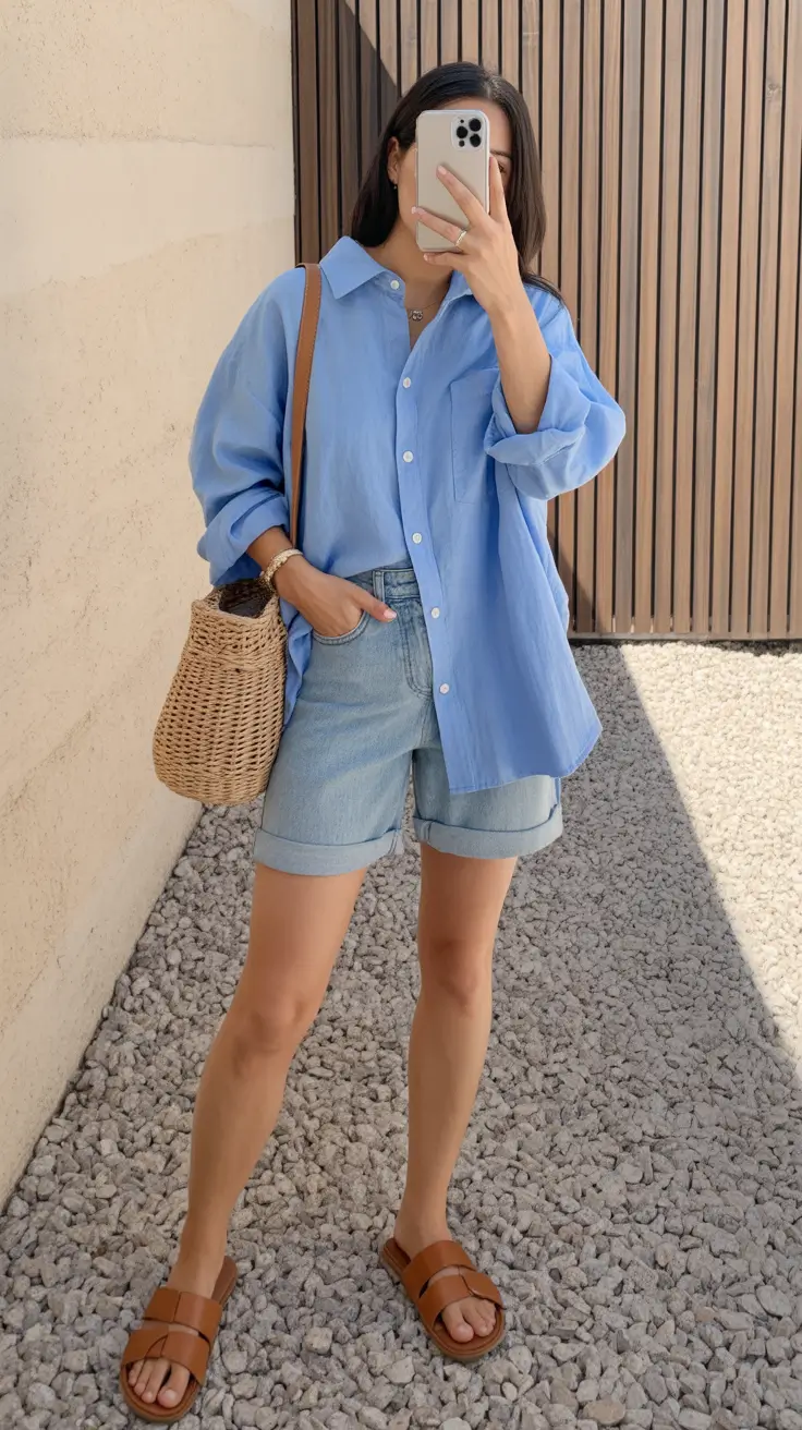 summer capsule wardrobe for women 2026 Relaxed Blue Shirt & Denim Shorts - The Cool-Girl Casual Formula