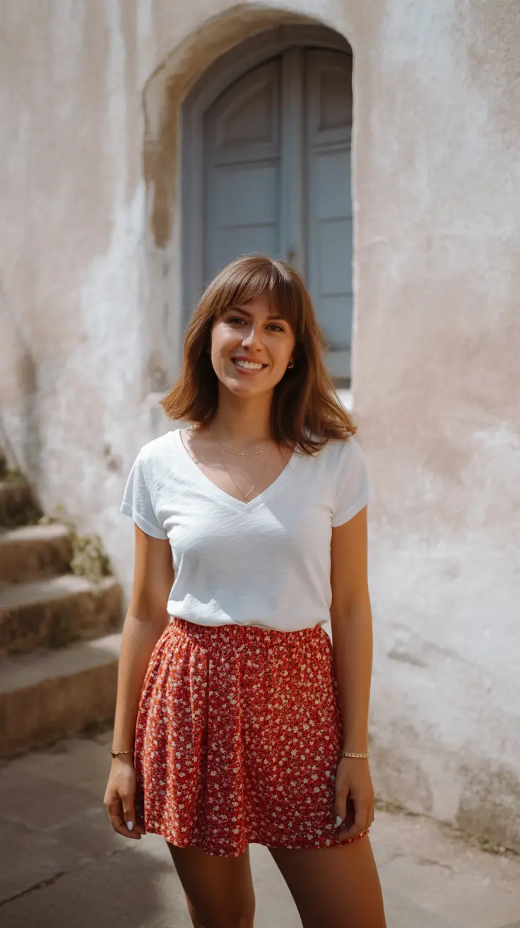 summer capsule wardrobe for women 2026 White Tee & Floral Mini Skirt - Effortless Charm for Everyday Summer