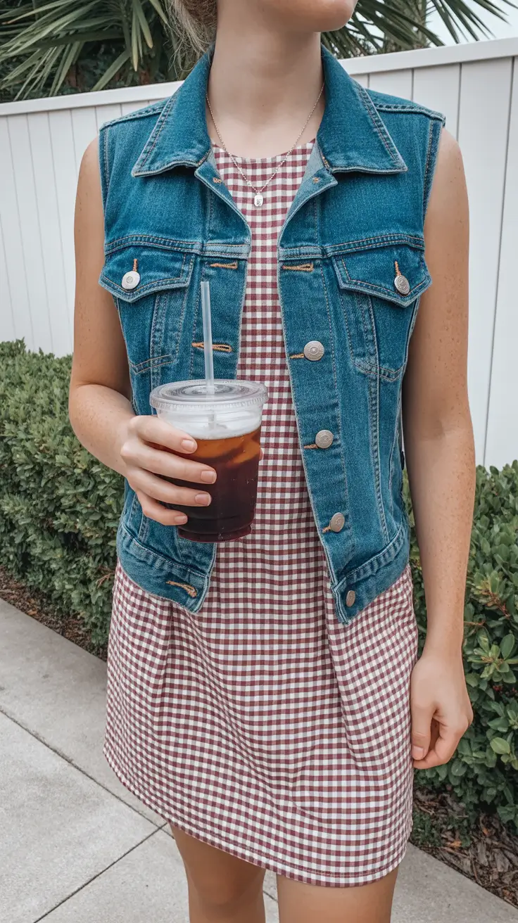 summer capsule wardrobe for women 2026 Denim Vest & Gingham Dress - Layering for Light Summer Days