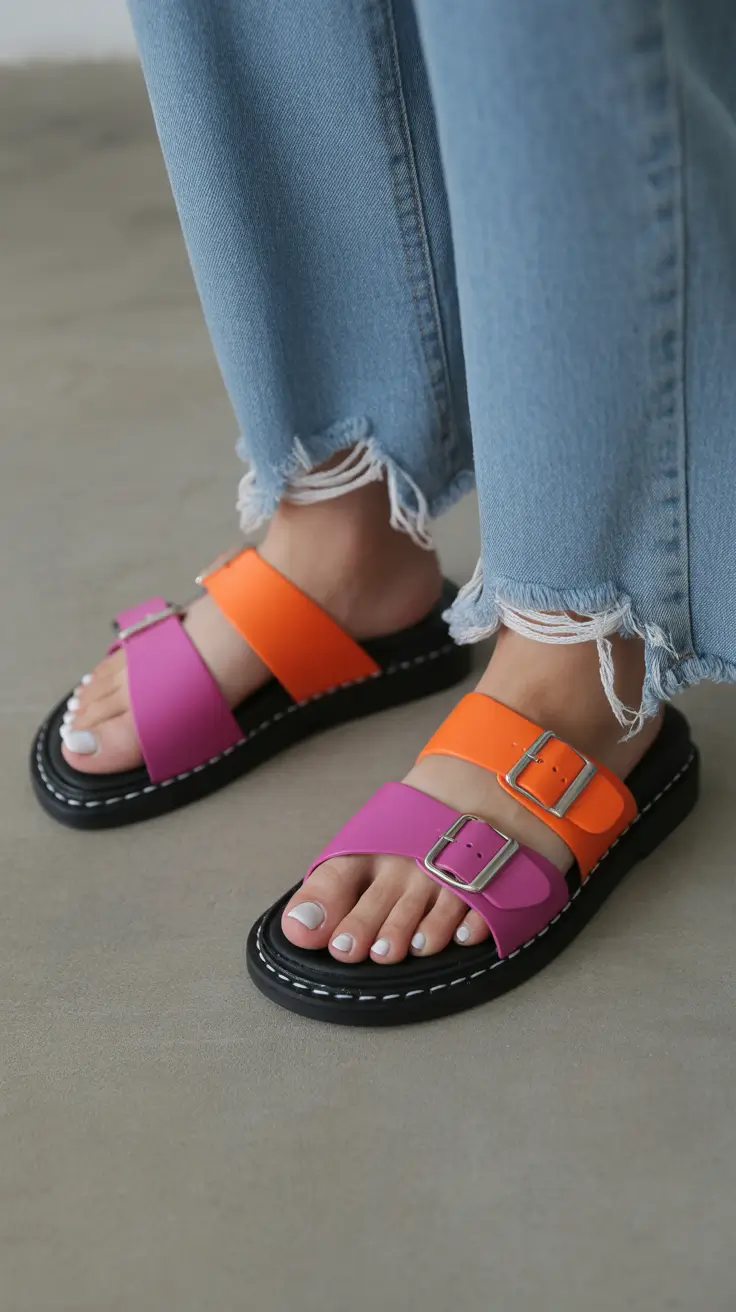 summer flip-flops for women 2026 Color-Blocked Double Strap Slides That Feel Playful and Bold