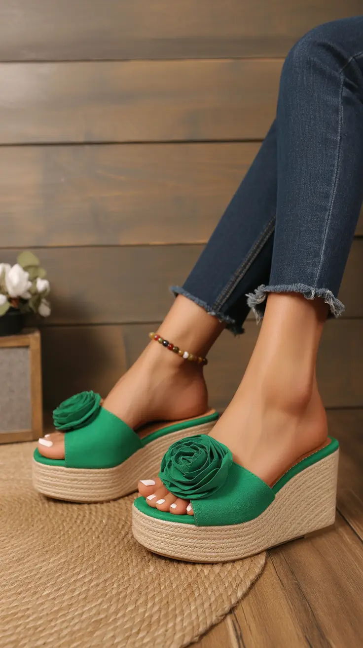 summer flip-flops for women 2026 Green Platform Slides With Floral Detail That Feel Softly Feminine