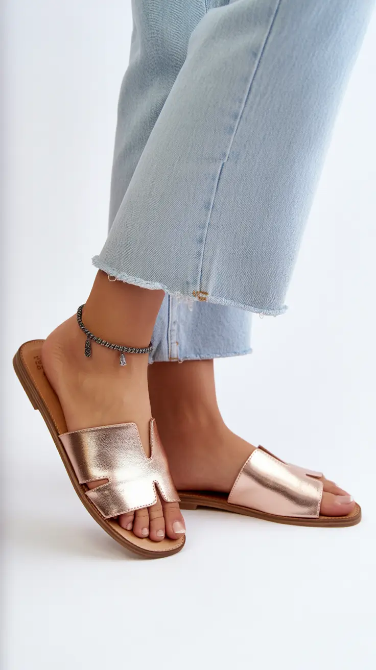 summer flip-flops for women 2026 Rose Gold Slides That Bring a Polished Finish to Casual Looks